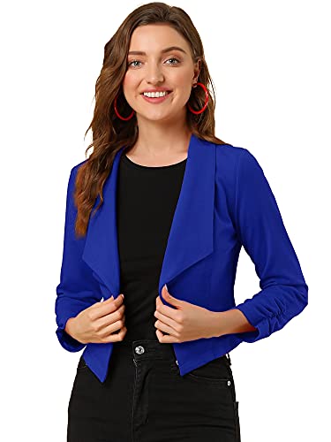 Allegra K Damen Langarm Umlegekragen Geraffte Ärmel Blazer Offen Crop Jacke Blau L von Allegra K