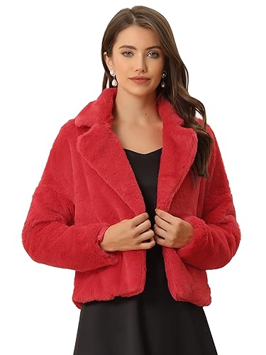 Allegra K Damen Cropped Jacke Fallendem Revers Kunstpelz Flauschiger Mantel Rot M von Allegra K