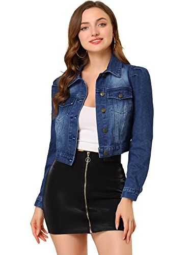 Allegra K Damen Cropped Jeans Jacke Knopfleiste Puffärmel Jeansjacke, Dunkelblau, S von Allegra K