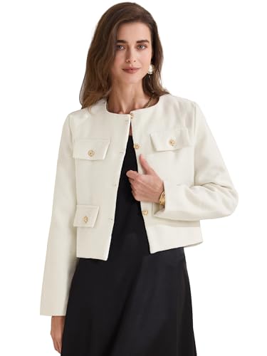Allegra K Damen Cropped Tweed Blazer Langarm Button Down Herbst Arbeit Kurze Business Blazer Weiß M von Allegra K