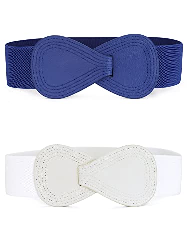 Allegra K Damen Dehnbarer Taillengürtel 8-förmige dünne Kunstleder elastische Gürtel Weiß Blau 68.6cm von Allegra K