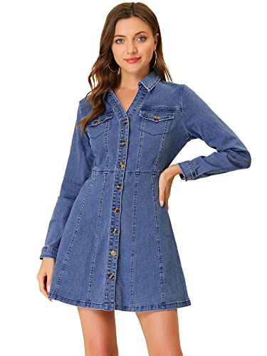 Allegra K Damen Denim Button Down Kragen Roll Up Langarm A-Linie Casual Jeanskleid, hellblau, Mittel von Allegra K