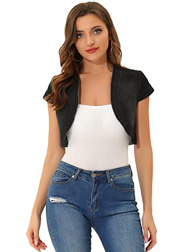 Allegra K Damen Jeansjacke Flügelärmeln Denim Casual Crop Offen Cardigan Slim Fit Jacke Schwarz M von Allegra K