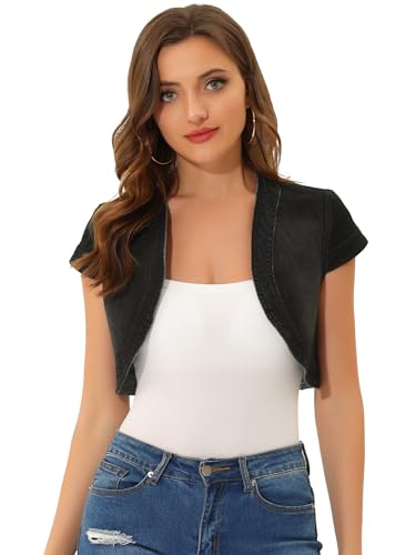 Allegra K Damen Jeansjacke Flügelärmeln Denim Casual Crop Offen Cardigan Slim Fit Jacke Schwarz M von Allegra K