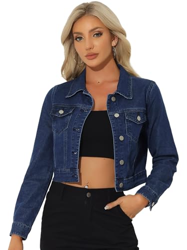 Allegra K Damen Denim Crop Jacken Button Down Plaid Bündchen Jeansjacke mit Taschen, Denim Blau, S Allegra K Damen Denim Crop Jacken Button Down Plaid Bündchen Jeansjacke mit Taschen, Denim Blau, S von Allegra K