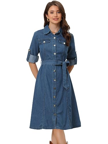 Allegra K Damen Denim Hemdkleid Langarm Knopfleiste Gürtel Jeanskleid Blau XL von Allegra K