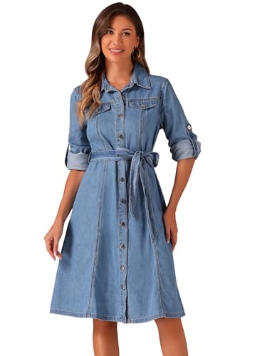 Allegra K Damen Denim Hemdkleid Langarm Knopfleiste Gürtel Jeanskleid Hell Blau S von Allegra K