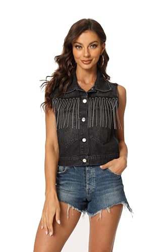 Allegra K Damen Denim Jacke Ärmellose Quasten und Knopfleiste Jeansweste Schwarz XS von Allegra K