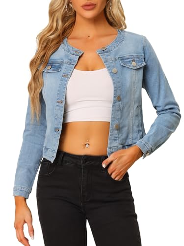 Allegra K Damen Denim Jacke Button Down Kragenlose Langarm Jeans Jacken, Hell, blau, S von Allegra K