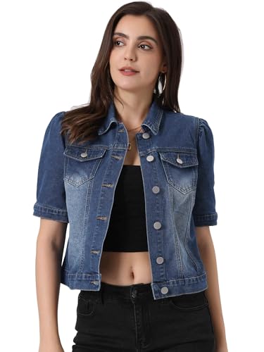 Allegra K Damen Denim Jacke Kurze Leichte Übergangsjacke Puffärmel Knopfleiste Jeansjacke mit Taschen Blau L von Allegra K