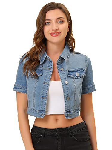 Allegra K Damen Jacket Kurzarm Knopfleiste Jeansjacke Crop Kurze Denim Jacke Hell Blau XL von Allegra K