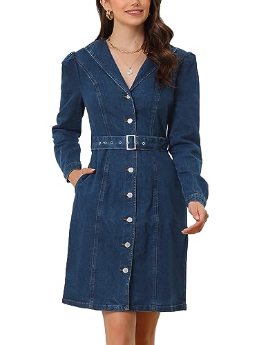 Allegra K Damen Denim Kleid Langarm Knopfleiste Revers Gürtel Jeanskleid mit Taschen Dunkelblau M von Allegra K