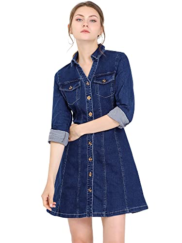 Allegra K Damen Denim Langarm Aufrollen Knopfleiste Jeans Shirtkleid Kleid Tiefblau L von Allegra K