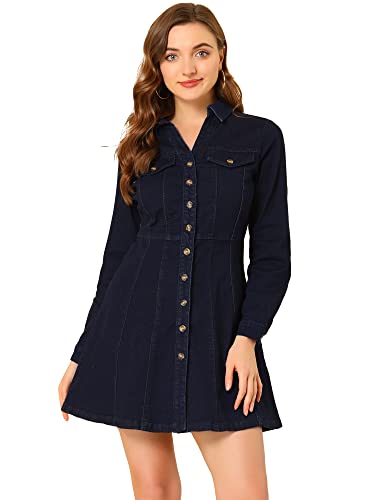 Allegra K Damen Denim Langarm Aufrollen Knopfleiste Jeans Shirtkleid Kleid Jeansblau L von Allegra K