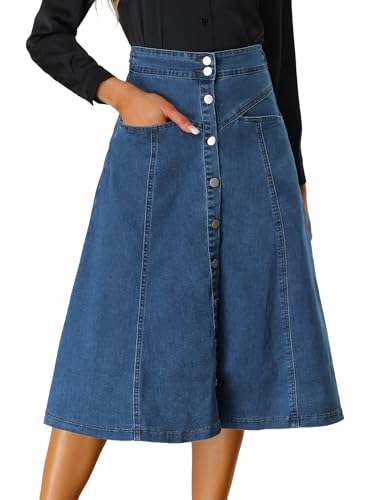 Allegra K Damen Denim Rock Dehnbar Hoher Taille Knopfleist Lang Jeansrock A-Linie Tasche Midirock Blau M von Allegra K