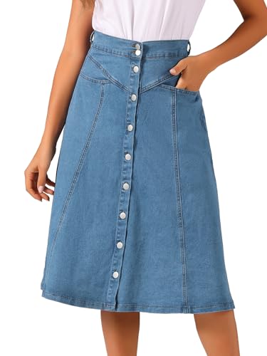 Allegra K Damen Denim Rock Dehnbar Hoher Taille Knopfleist Lang Jeansrock A-Linie Tasche Midirock Hellblau XS von Allegra K