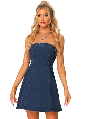 Allegra K Damen Denim Schlauchkleid Ärmellos Knopfleiste Rückenfreies Jeanskleid Minikleid Blau L von Allegra K