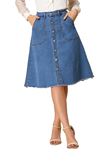 Allegra K Damen Knielang Jeansrock Ungesäumtem Saum Knopfleiste Midi Lang Denim Rock Blau L von Allegra K