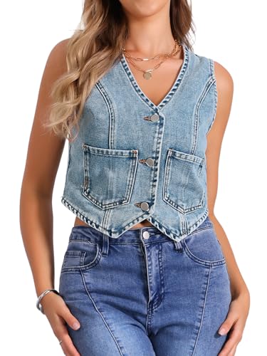 Allegra K Damen Denim Weste V-Ausschnitt Ärmellos Button Down Jeansjacke Sommer Crop Top Grau Blau XS Allegra K Damen Denim Weste V-Ausschnitt Ärmellos Button Down Jeansjacke Sommer Crop Top Grau Blau XS von Allegra K