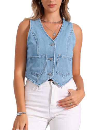 Allegra K Damen Denim Weste V-Ausschnitt Ärmellos Button Down Jeansjacke Sommer Crop Top Hellblau S von Allegra K