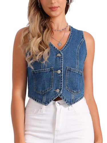 Allegra K Damen Denim Weste V-Ausschnitt Ärmellos Button Down Jeansjacke Sommer Crop Top Blau M von Allegra K