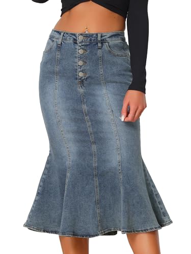 Allegra K Damen Denimrock Fischschwanz Rock Distressed Jeansrock Langer Rock Graublau L von Allegra K