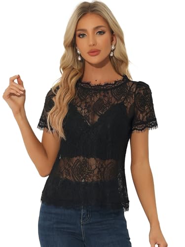 Allegra K Damen Dirndlbluse Oberteil Kurzarm Durchsichtig Rundhals Rüschen Blumen Spitze Bluse Shirt Schwarze Spitze S von Allegra K