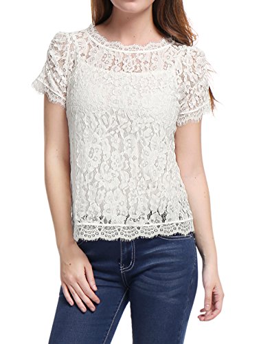 Allegra K Damen Dirndlbluse Oberteil Kurzarm Durchsichtig Rundhals Rüschen Blumen Spitze Bluse Shirt Weiß M von Allegra K