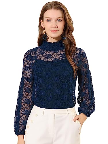Allegra K Damen Spitze Spitzenbluse Langarm Stehkragen Rüschen Blumen Top Bluse Dunkelblaue S von Allegra K