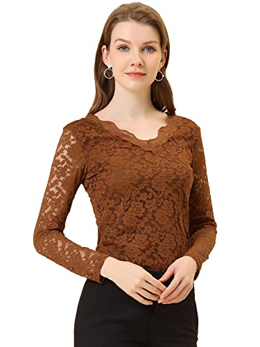 Allegra K Damen Langarm Durchsichtig Spitze Oberteil Rüschenkragen Mesh Blumen Lace Top Bluse Braun XL von Allegra K