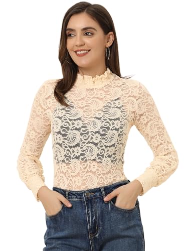 Allegra K Damen Dirndlblusen Langarm Durchsichtig Spitze Oberteil Mesh Lace Hochgeschlossene Top Bluse Aprikose S von Allegra K