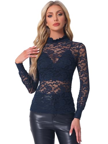 Allegra K Damen Dirndlblusen Langarm Durchsichtig Spitze Oberteil Mesh Lace Hochgeschlossene Top Bluse Dunkel Blau L von Allegra K