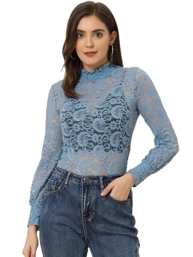 Allegra K Damen Dirndlblusen Langarm Durchsichtig Spitze Oberteil Mesh Lace Hochgeschlossene Top Bluse Graublau S von Allegra K