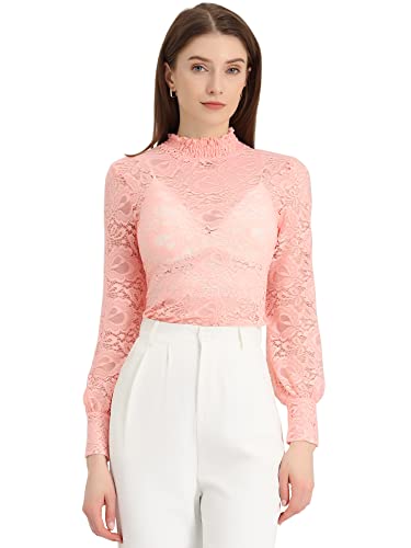 Allegra K Damen Dirndlblusen Langarm Durchsichtig Spitze Oberteil Mesh Lace Hochgeschlossene Top Bluse Rosa XS von Allegra K