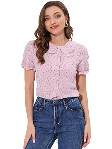 Allegra K Damen Bluse Bubikragen Knopfleiste Perlendekor Puffärmel Blumenmuster Oberteil Shirt Rosa S von Allegra K