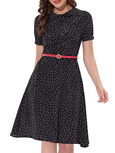 Allegra K Damen Doll Kragen Krawatte Ausschnitt mit Gürtel A-Linie Elegantes Blumen Kleid Schwarz S von Allegra K