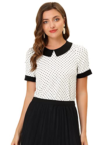 Allegra K Damen Kurzarm Bubikragen Punkte Oberteil Vintage Polka Dots Elegant Top Bluse Weiß M von Allegra K