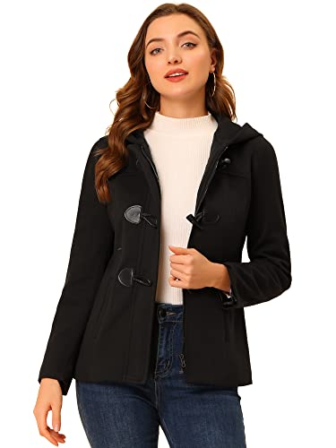 Allegra K Damen Duffle Front Kurzer Knebel-Reißverschluss Tiefe Taschen Verkürzte Kapuzen-Pea Coat Schwarz M von Allegra K