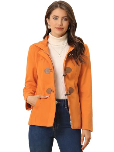 Allegra K Damen Duffle Front Kurzer Knebel-Reißverschluss Tiefe Taschen Verkürzte Kapuzen-Pea Coat Orange M von Allegra K