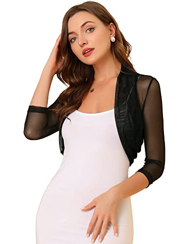 Allegra K Damen Bolero Festlich 3/4 Ärmel Rüschen Mesh Durchsichtig Crop Strickjacke Shrug Boleros Schwarz XL von Allegra K