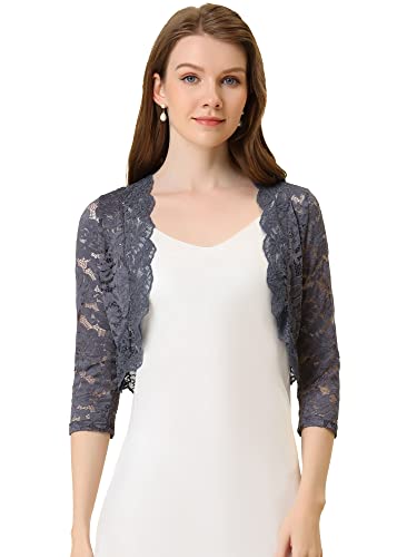 Allegra K Damen Spitzen Shrug Vorne Offen Hochzeit Bolero Strickjacke Festlich 3/4 Ärmel Crop Cardigan Dunkelgrau S von Allegra K