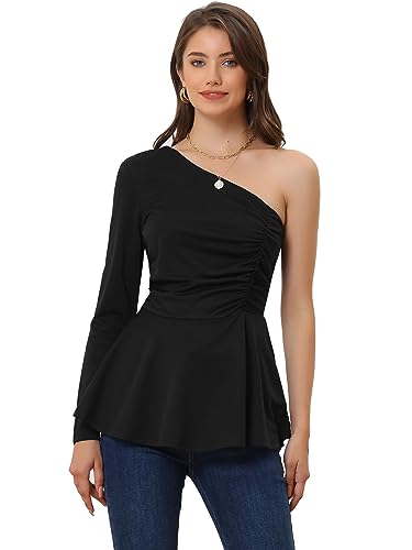 Allegra K Damen EIN Schulter Oberteil Langarm Rüschen Schößchen Top Bluse Schwarz S von Allegra K