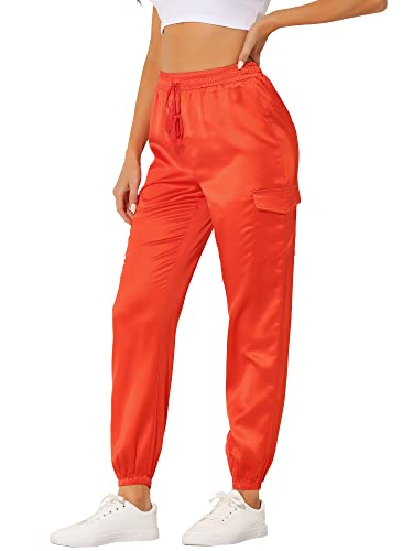 Allegra K Damen Satin Pants Eastisch Seidig Satinhose Kordelzug Cargohose Hose Orange L von Allegra K