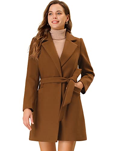 Allegra K Damen Trenchcoat Langarm Gekerbter Kragen Taschen Offnen Bindegürtel Wintermantel Mantel Braun M von Allegra K