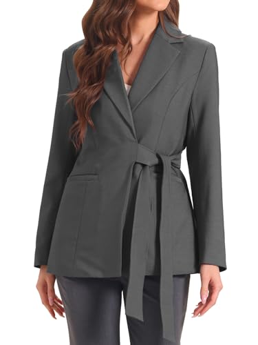 Allegra K Damen Einknopf-Blazer Arbeit Revers Langarm Jacke Anzugblazer mit Gürtel Dunkelgrau XS von Allegra K