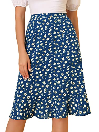 Allegra K Damen Blumen Elastisch Knopfleiste Schlitz Kniellang Midirock Rock Blau L von Allegra K