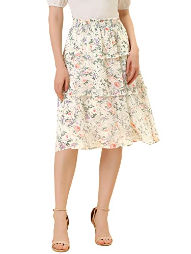 Allegra K Damen Elastisch Taille Rüschen Chiffon Blumen Midirock Minirock Rock Weiß XS von Allegra K