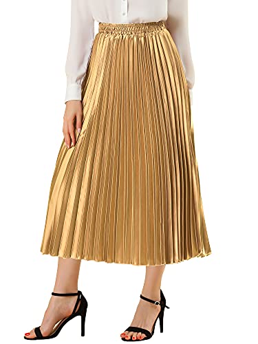 Allegra K Damen Elastische Taille Party Metallic Glänzend Akkordeon Plissee Midi Rock, Gold, Groß von Allegra K