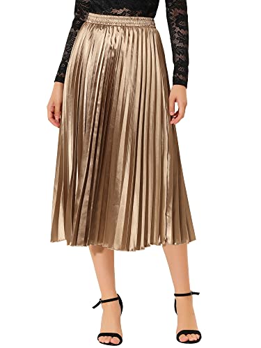 Allegra K Damen Elastische Taille Party Metallic Glänzend Akkordeon Plissee Midi Rock, Goldbraun, Groß von Allegra K