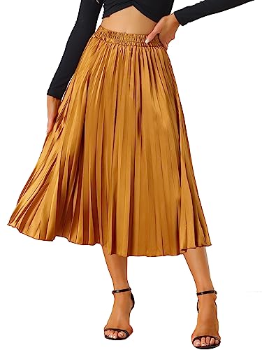 Allegra K Damen Elastische Taille Party Metallic Glänzend Akkordeon Plissee Midi Rock, Orange/Abendrot im Zickzackmuster (Sunset Chevron), Mittel von Allegra K